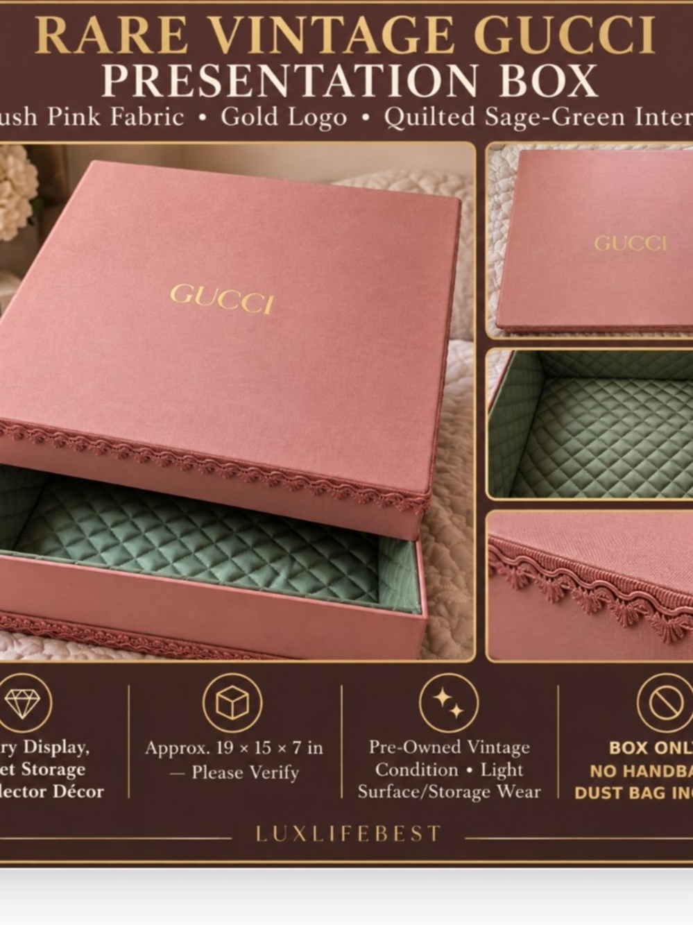 Gucci Pink Presentation Box with Sage-Green Quilted Interior
